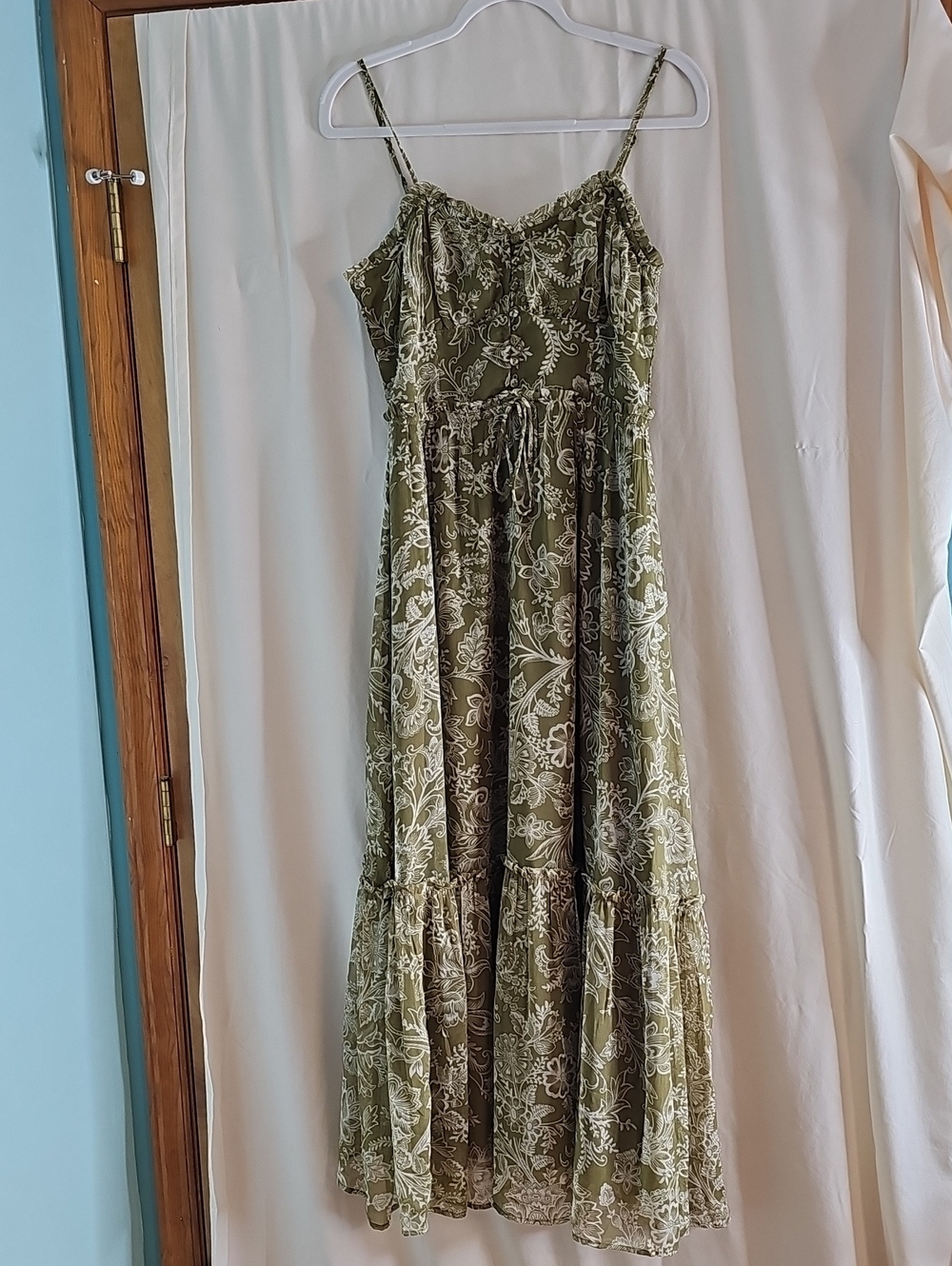 Patrons of Peace Olive Green Floral Maxi Dress with White Print Formal/Casual